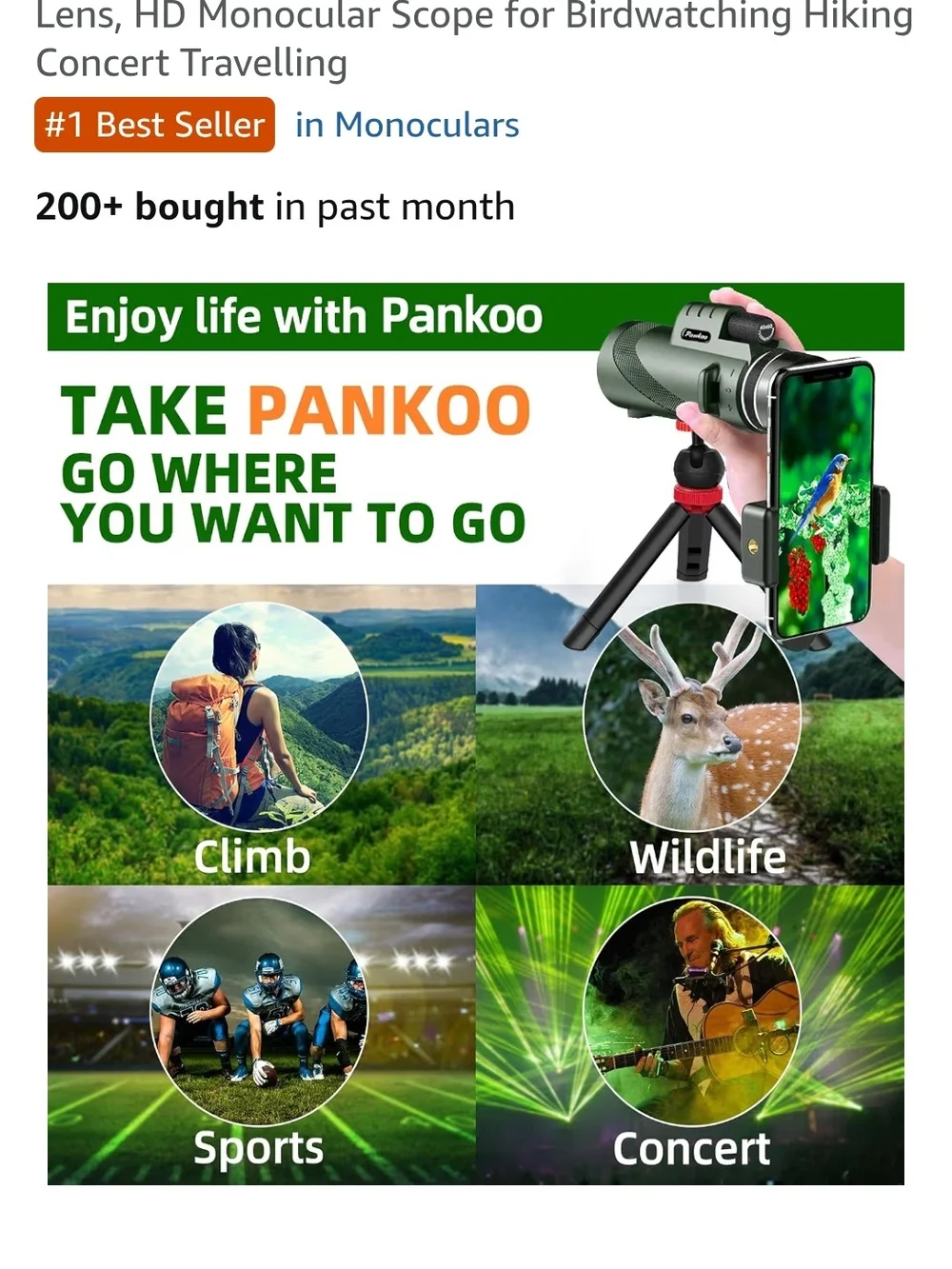 Black HD Monocular Telescope for Birdwatching & Hiking